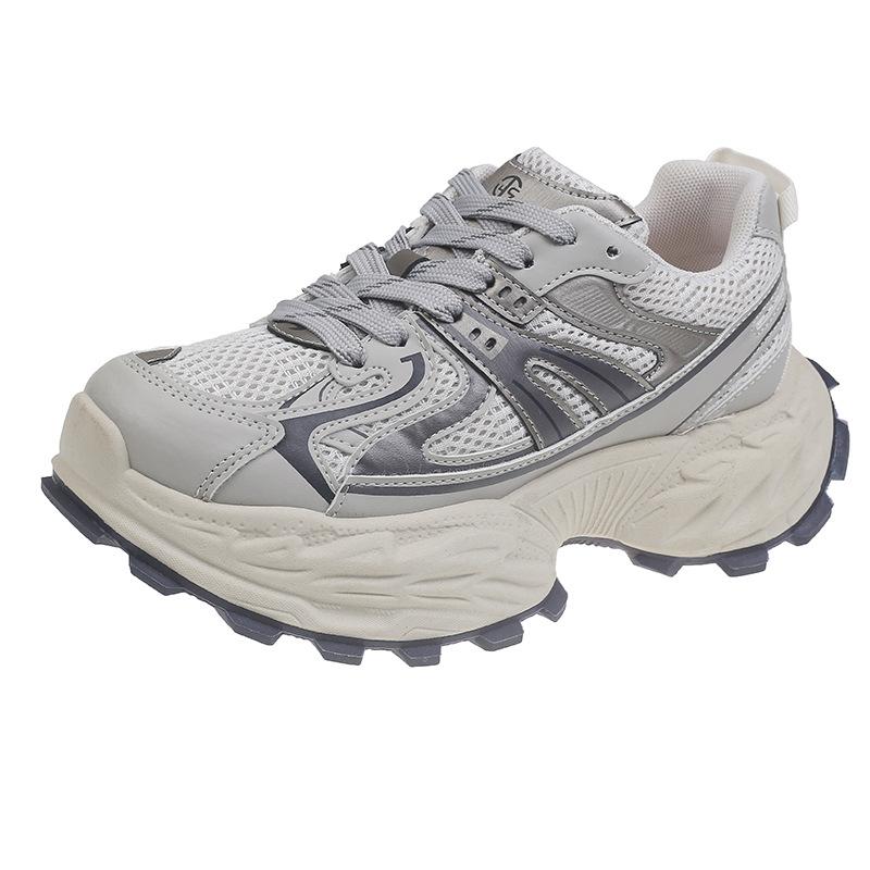 Кожаные сетчатые туфли для папы, женская весна 2025, новая, небольшая, увеличивающая рост, толстая подошва, дышащая, повседневная спортивная обувь