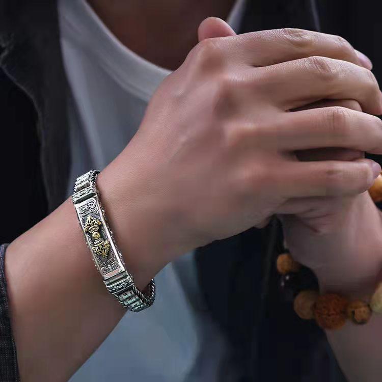 Ретро серебряный хипстерский мужской браслет, творческая личность, ручные украшения, бриллиантовый пестик, цепочка с узором мира, ювелирные изделия