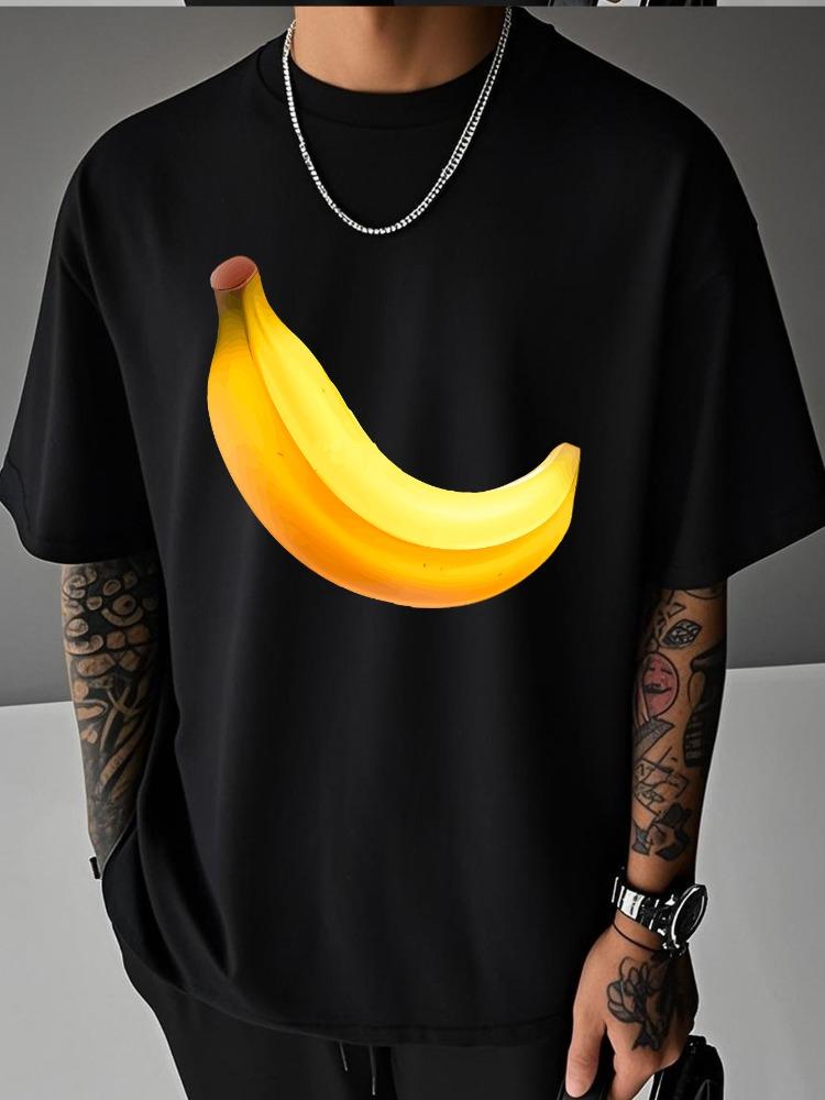 Men Summer White Short Sleeve Tee Realistic Yellow Banana Fruit Graphic Print Crew Neck Loose C