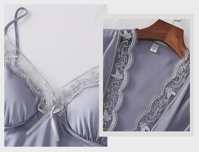 Женский шелковый кружевной пижамный комплект - 5 предметов: ночная рубашка с длинными рукавами, майка и шорты на весну, лето и осень