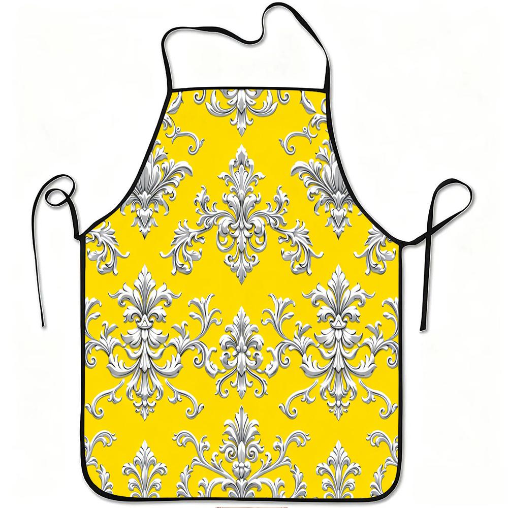 1pc Baroque Floral Yellow Silver Print Apron, Durable and Easy to Clean, Adjustable Waistband, Polyester Material, for Kitchen Cooking, Gardening, Orc
