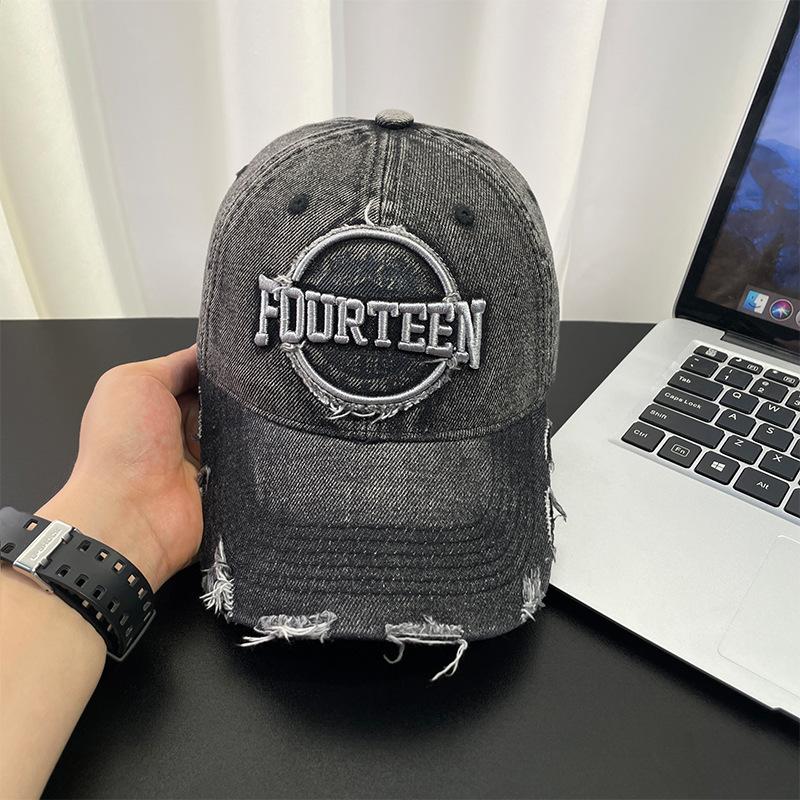 Washed hole letter embroidery baseball cap summer wide brim retro denim sun hat showing face small men's and women's peaked caps