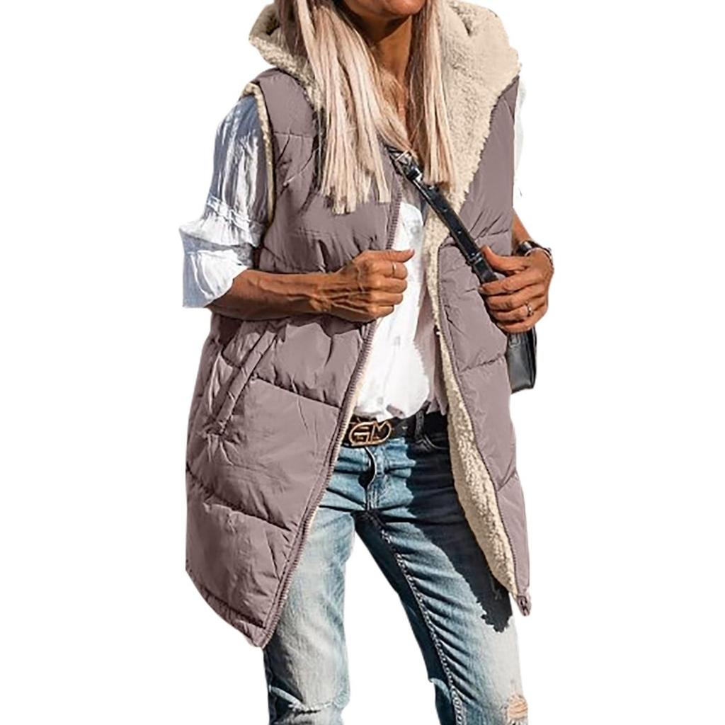 Solid Color Hooded Cotton Vest Jacket, Double-sided Wear Slimming Open Front Plus Size Outerwear for Europe America