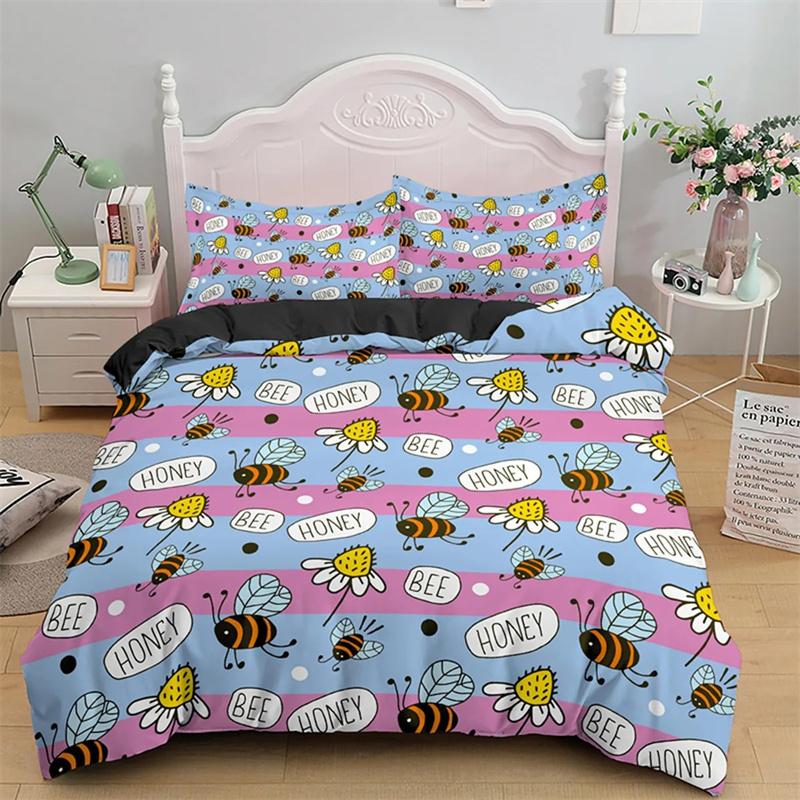 Cartoon Bee Duvet Cover Lovely Yellow Flying Animals Theme for Kids Boys Girls Gifts Women Beautiful Flowers Bedroom Decoration