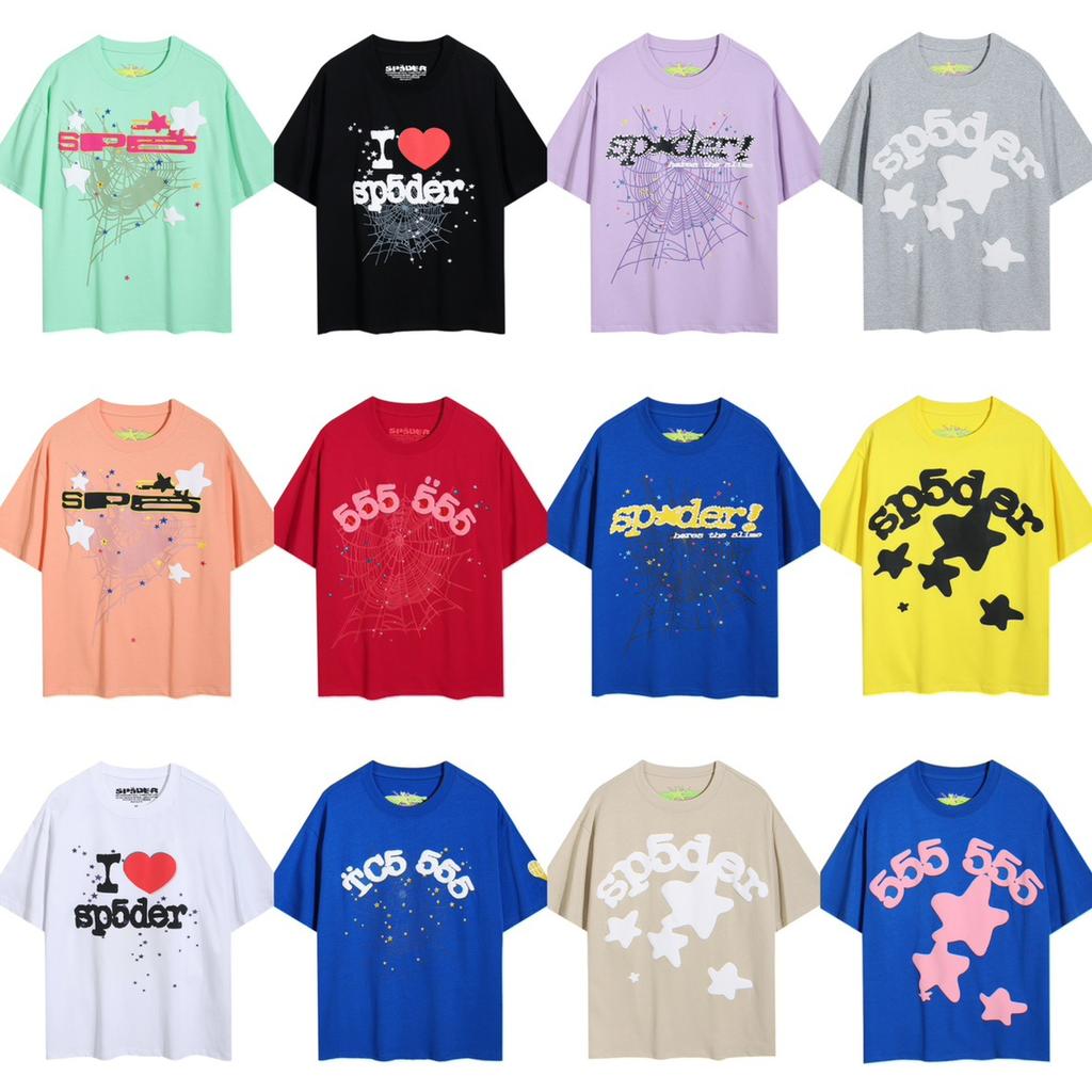 24S cross-border European and American trendy brand Sp5de spider web 555 portrait letter foam short-sleeved t-shirt men's and women's high street 