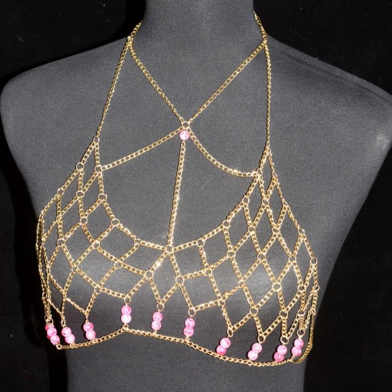 Metal Mesh Body Chain Women Geometric Beaded Chest Alloy Electroplated Stylish Club Streetwear Accessory