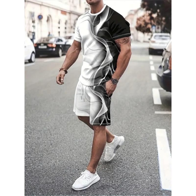 Новая футболка с градиентной текстурой, мужская летняя двухкомпонентная футболка, новый костюм с шортами, модная уличная повседневная спортивная одежда для мужчин, модели
