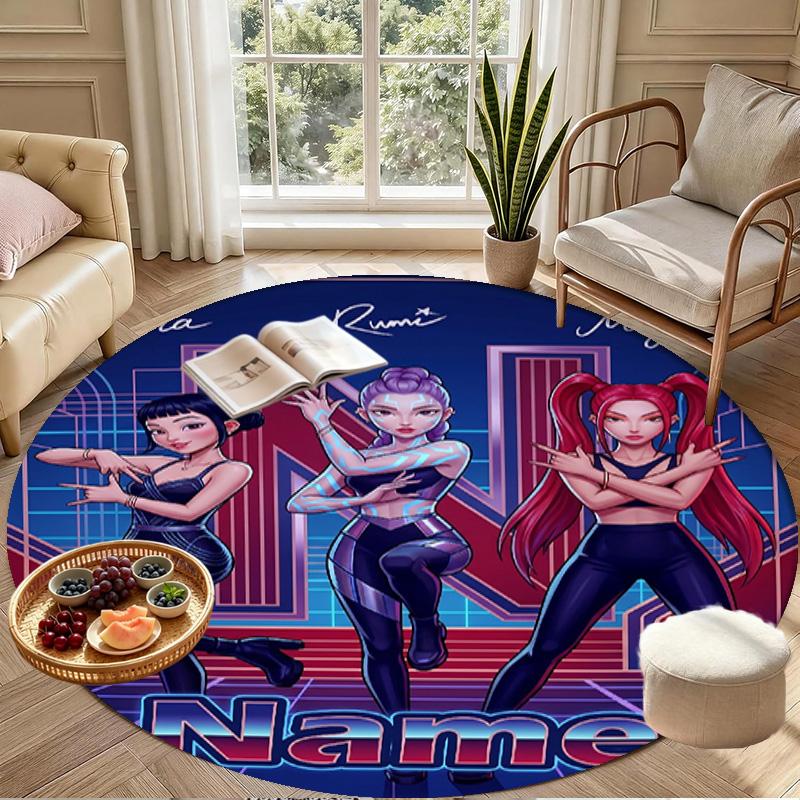Custom Name Personalized Kpop Demon Hunter Print Round Rug, Versatile Home Decor Carpet, for Playroom, Apartment, Balcony, Entryway, Hallway Gift