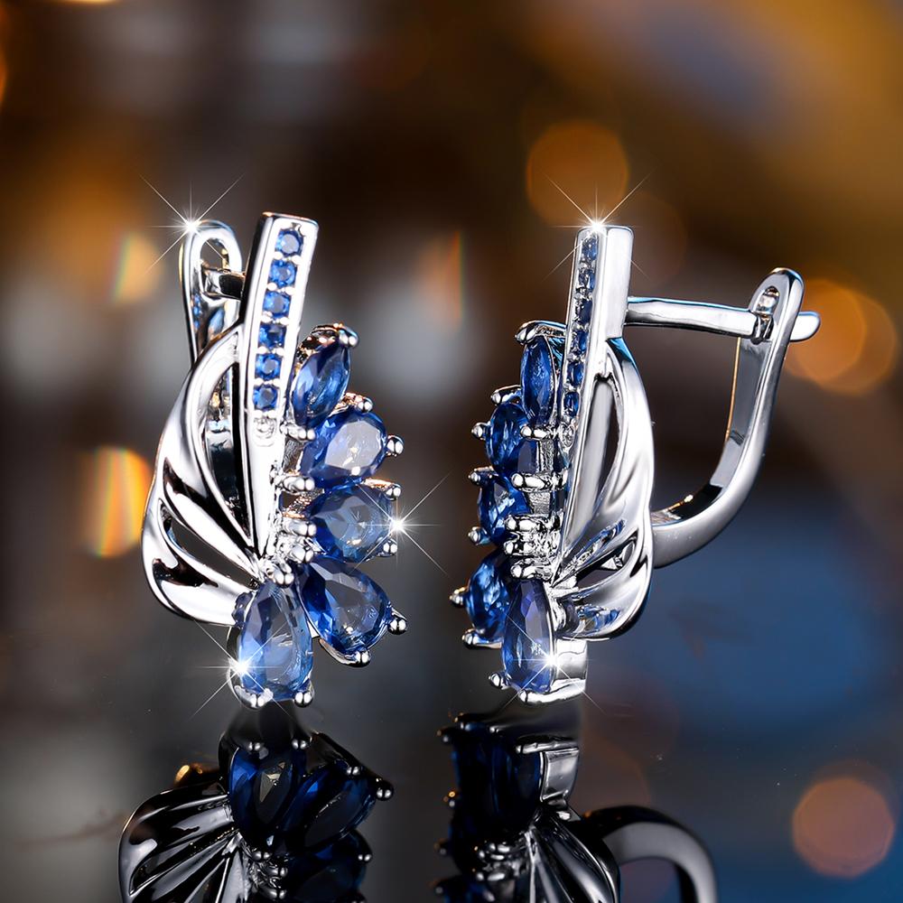 Изысканные синие зеленые серьги-кольца с цирконием для женщин, серебряные висячие серьги с цветком, элегантные вечерние украшения