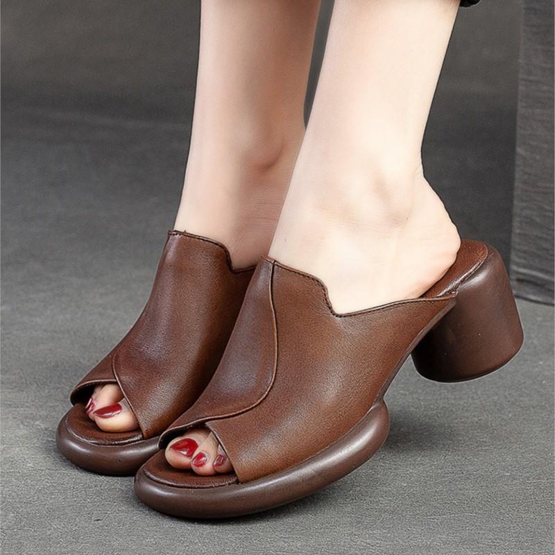 Johnature Тапочки с открытым носком, однотонная винтажная удобная женская обувь на высоком каблуке из натуральной кожи, простая женская обувь