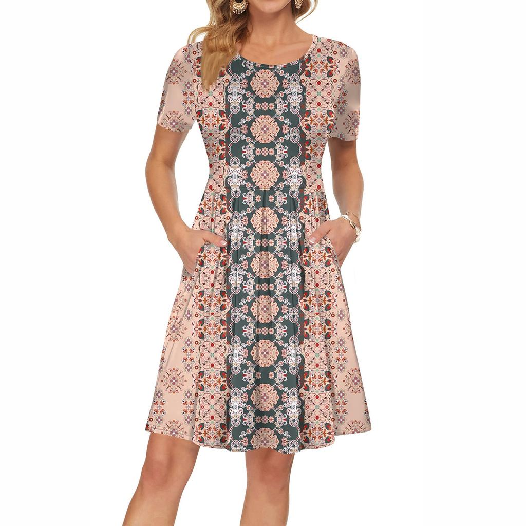 Женское платье с коротким рукавом, плиссированное, свободное, повседневное платье с карманами, платья длиной до колена