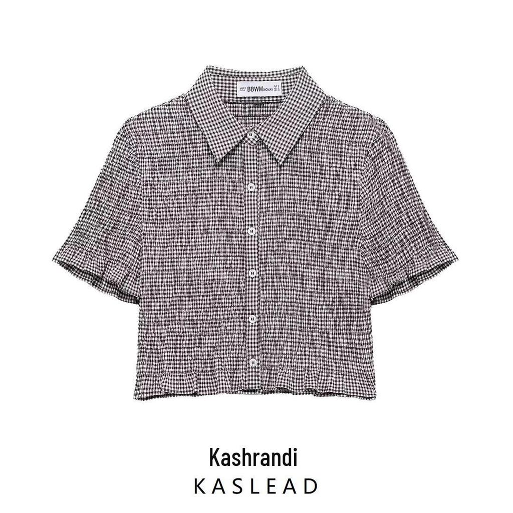 Spring 2025 Women's Plaid Short Sleeve Turn-Down Collar Shirt - European & American Style Fashion