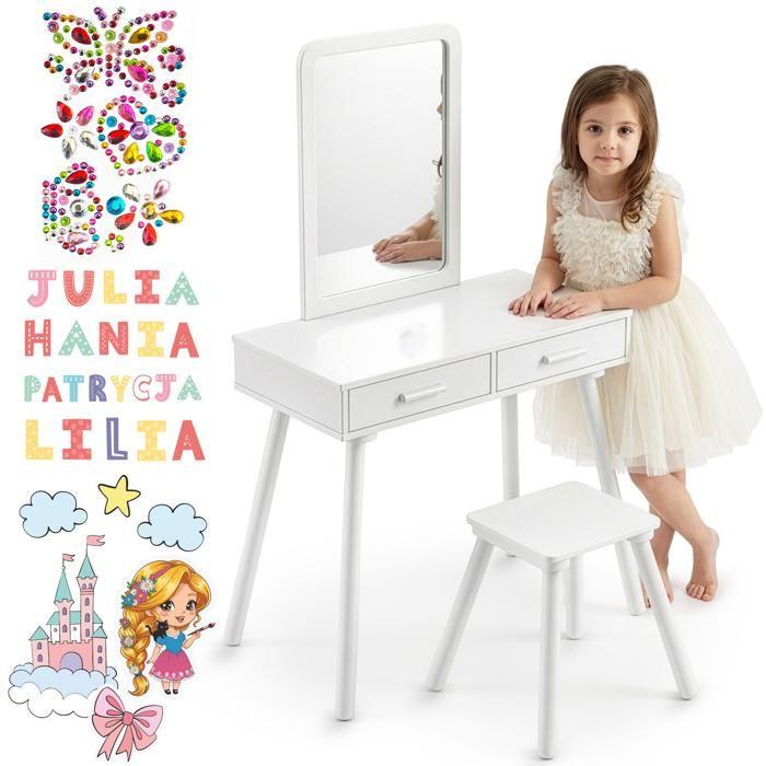 Coiffeuse pour enfant - GREEN SERIES - Green Series - Miroir sécurisé - Tabouret inclus - Tiroirs et autocollants