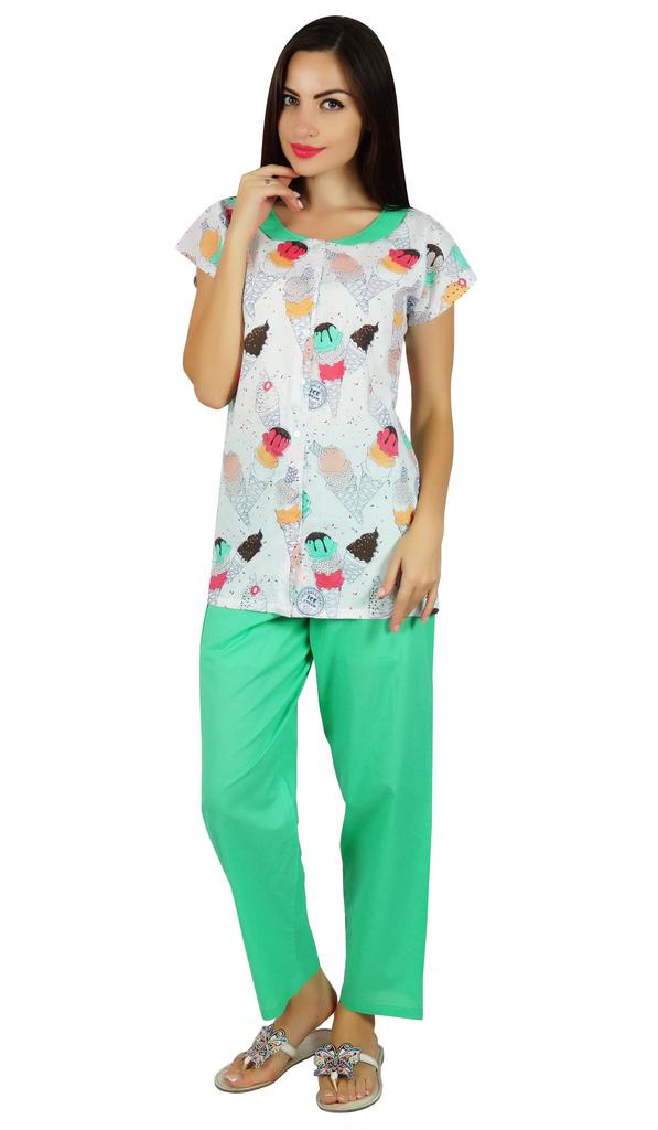 Bimba Womens Cotton Pajama Night Wear Set Short Sleeve Shirt with Pyjamas - Night