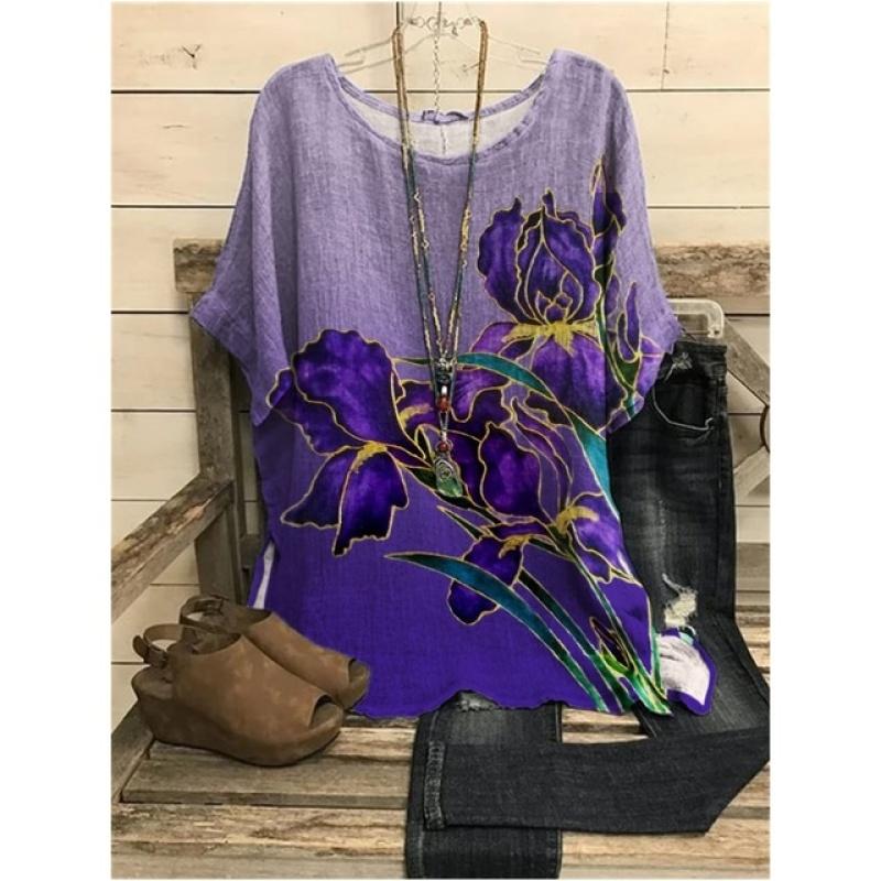 Топы с круглым воротником и цветочным принтом, винтажный пуловер, весна-лето, свободная футболка с короткими рукавами, футболка большого размера, модная футболка S-5xl