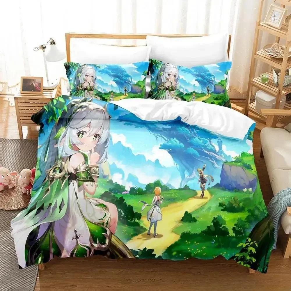 Lightweight Breathable New Game Nahida Genshin Impact Cartoon Anime three piece Adult Kid Bedroom Sets 3D Kawaii Girls Quilt