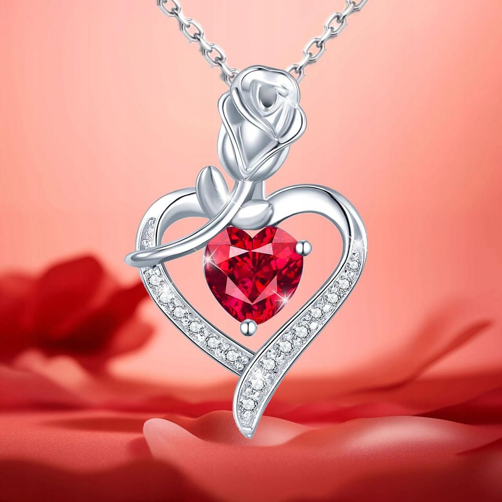 Women' SILVER Necklace Pendant Red Rose Cubic Zirconia Diamond