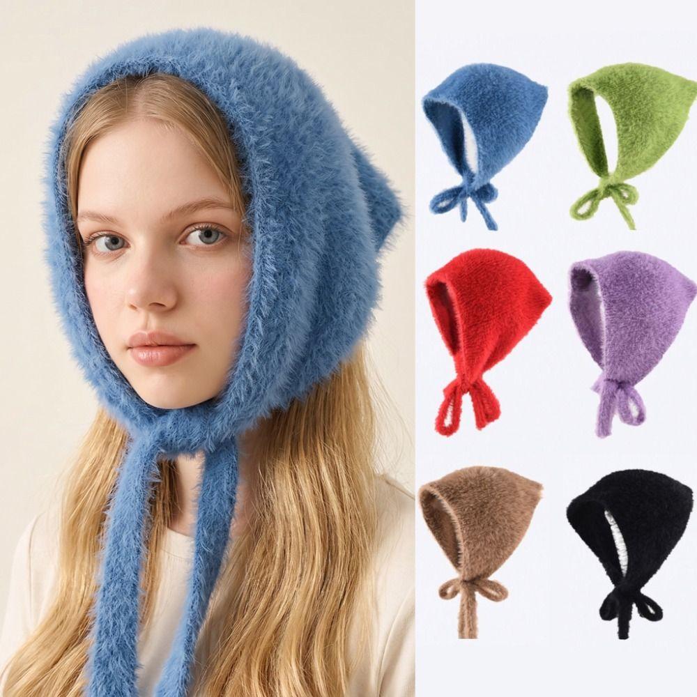 Triangular Knitted Triangle Scarf Solid Color Turban Cute Earmuffs Vacation