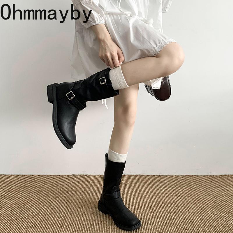 Fashion Vintage Women Western Cowgirl Boots Fashion Slip On Belt Buckle Shoes Autumn Winter Thick Heel Ladies Short Booties