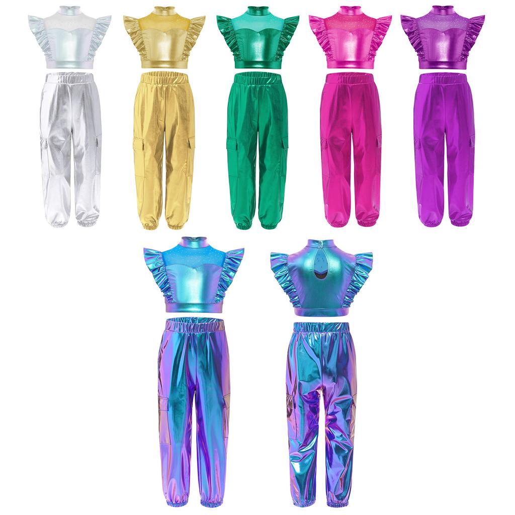 Kids Girls Hip-Hop Jazz Dance Outfit Mock Neck Rhinestone Adorned Mesh Patchwork Sleeveless Metallic Ruffle Crop Top with Shiny Cargo Pants