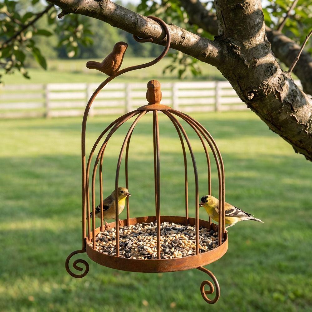 Metal Hanging Bird Feeder Large Capacity Bird Rest Station Votive Holders Candle Holders Garden