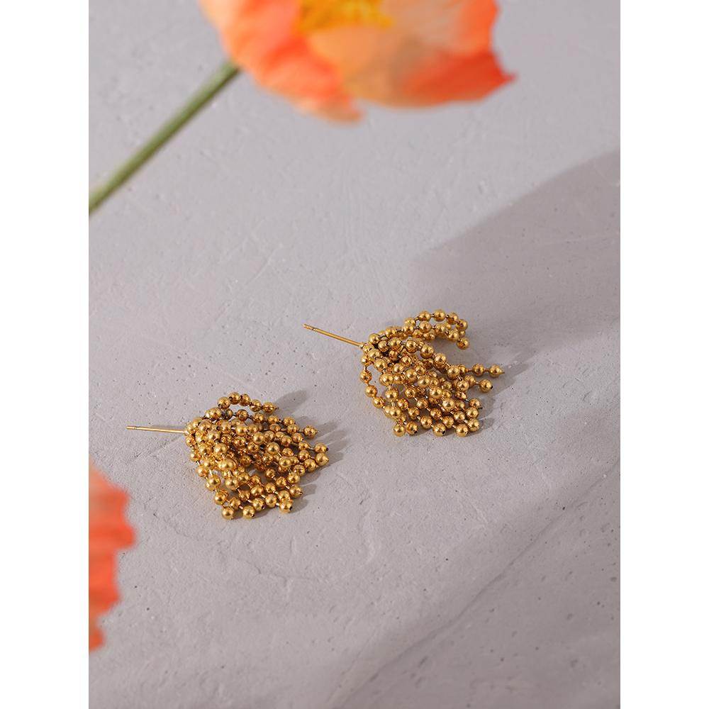 Yhpup Statement Tassel Bead Stud Earrings Gold Stainless Steel Waterproof Fashion Jewelry 18 K Plated Metal Women