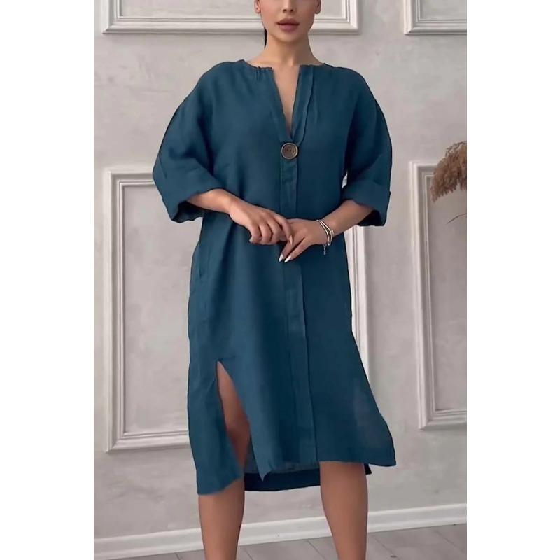 Summer Women's Dress Plus Size Solid Colour Casual Round Neck Button Long Dresses