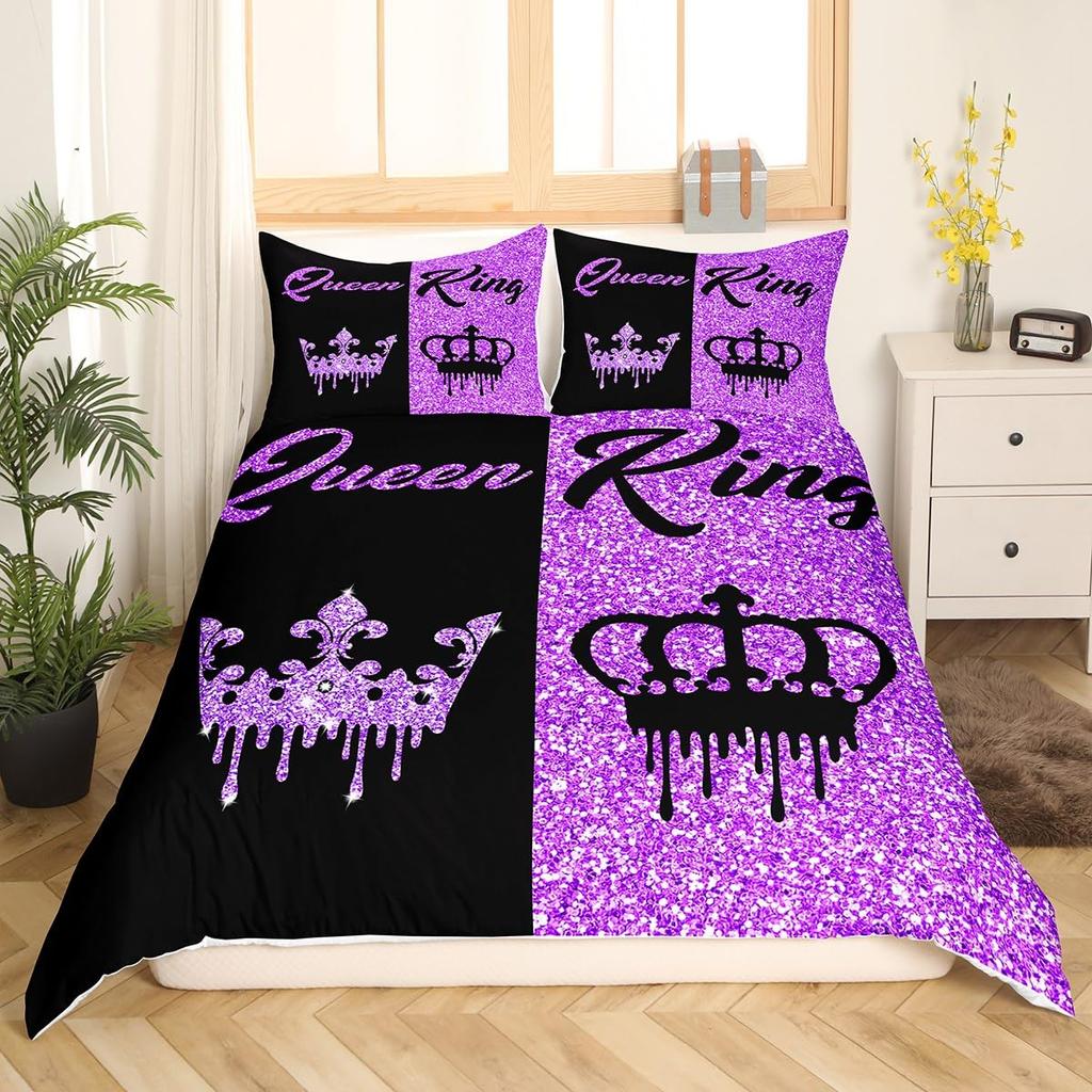 Modern King Crown Duvet Cover Twin Black Pink Bedding Set Women Adults Couple Comforter Cover Girls Valentines Day Quilt Cover