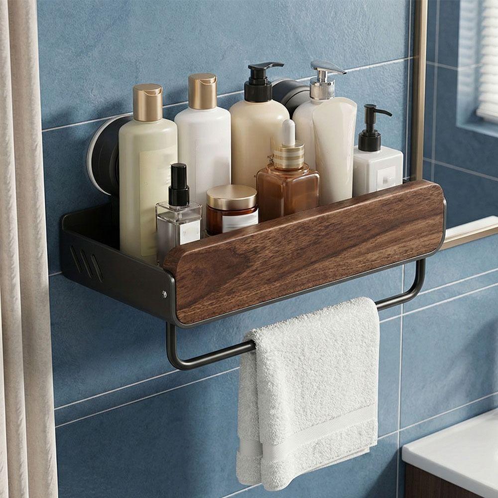 Walnut Finish Bathroom Shelf Strong Grip Bathroom Storage Rack Wall Mounted Organizer Vanity