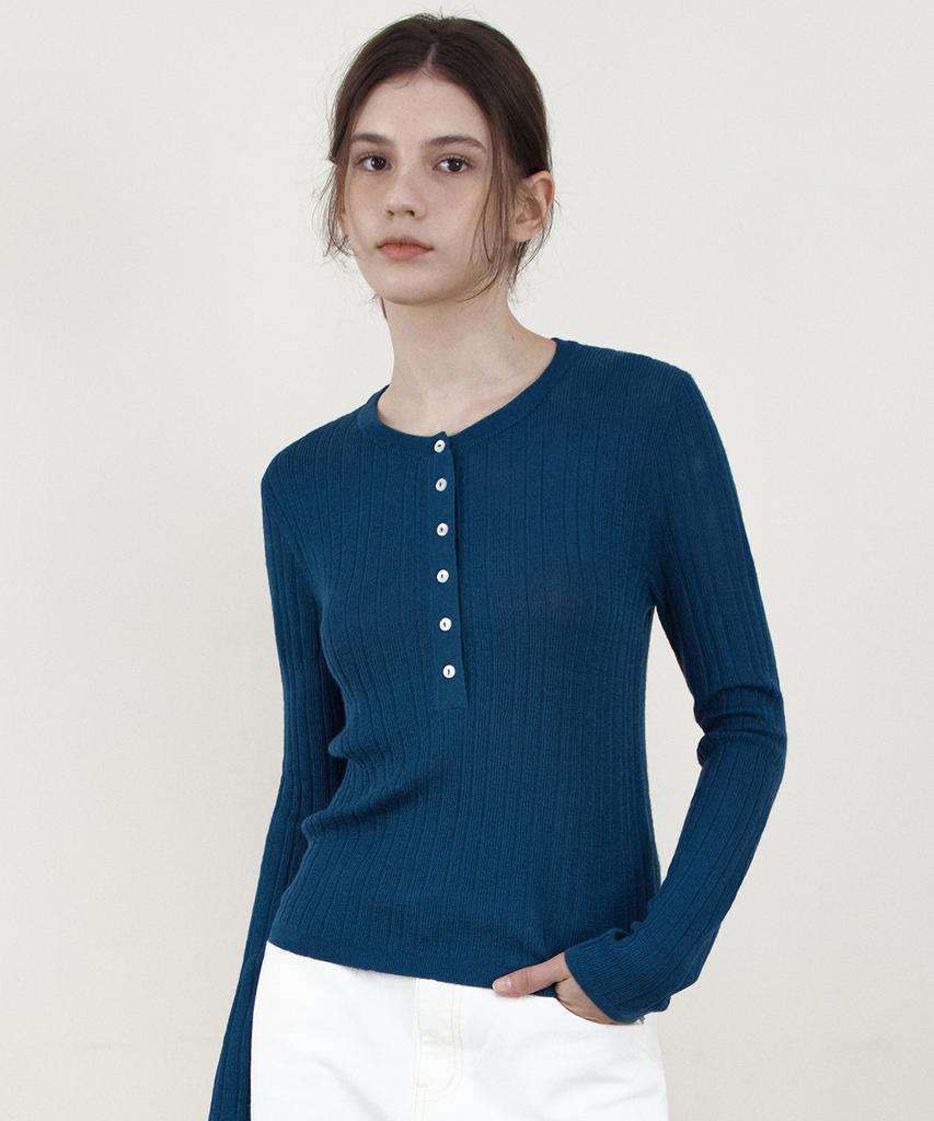 WEDNESDAYOASISFORWOMEN Vero Ribbed Henley Neck Knit_Blue(Wcb6Kn115)