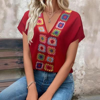 Футболка женская с коротким рукавом и V-образным вырезом, летние повседневные топы свободного покроя, женская одежда большого размера с цветочным принтом, узоры в стиле