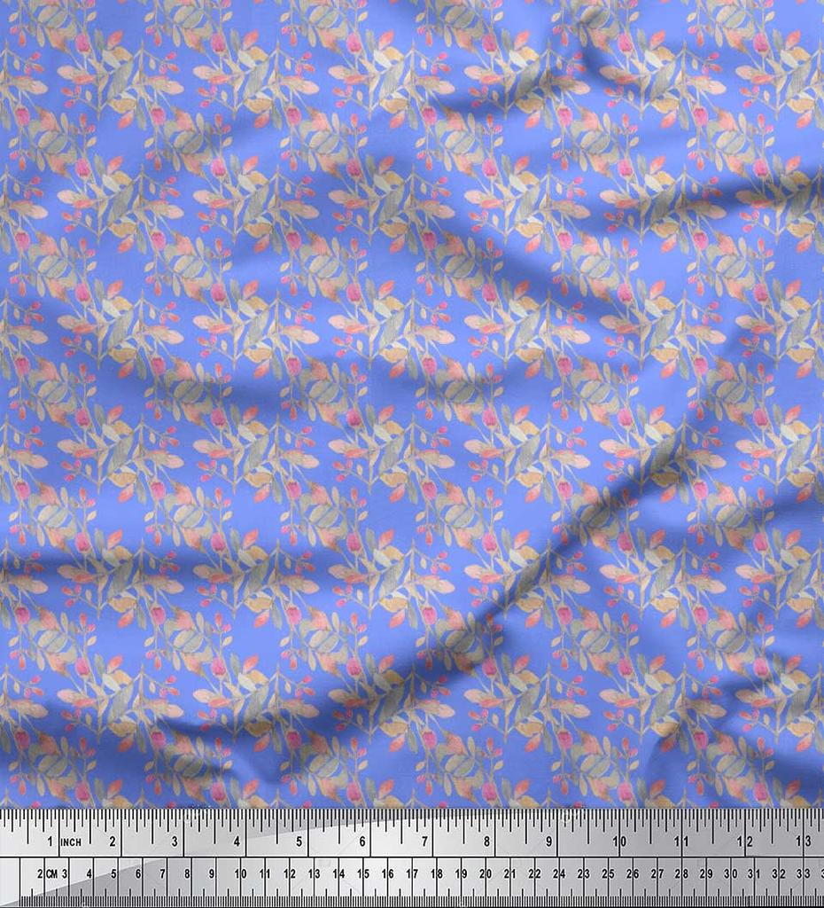 Soimoi Green Poly Crepe Fabric Buds & Leaves Print Fabric by metre 42 Inch