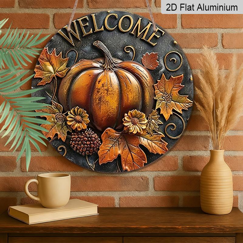 2D Flat, 1pc Fall Leaves Round Aluminum Sign, Pumpkin Round Aluminum Sign, Autumn Decor Metal Sign - Welcome Rustic Metal Wall Art, Wall Decor Signs