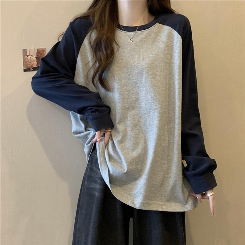 Contrast Color Splicing Shoulder Sleeves Bottoming Shirt Women's Inner Cover Winter Loose Velvet Real Shot Long Sleeves
