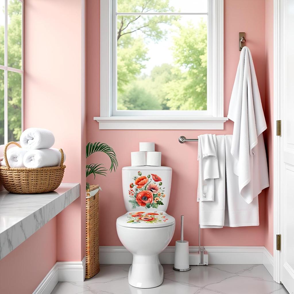 3Pcs Red 3D Poppy Flowers Toilet Seat Wall Sticker Self-Adhesive DIY Removable Watercolor Bouquet Toilets Stickers for Cistern Bathroom WC Restroom
