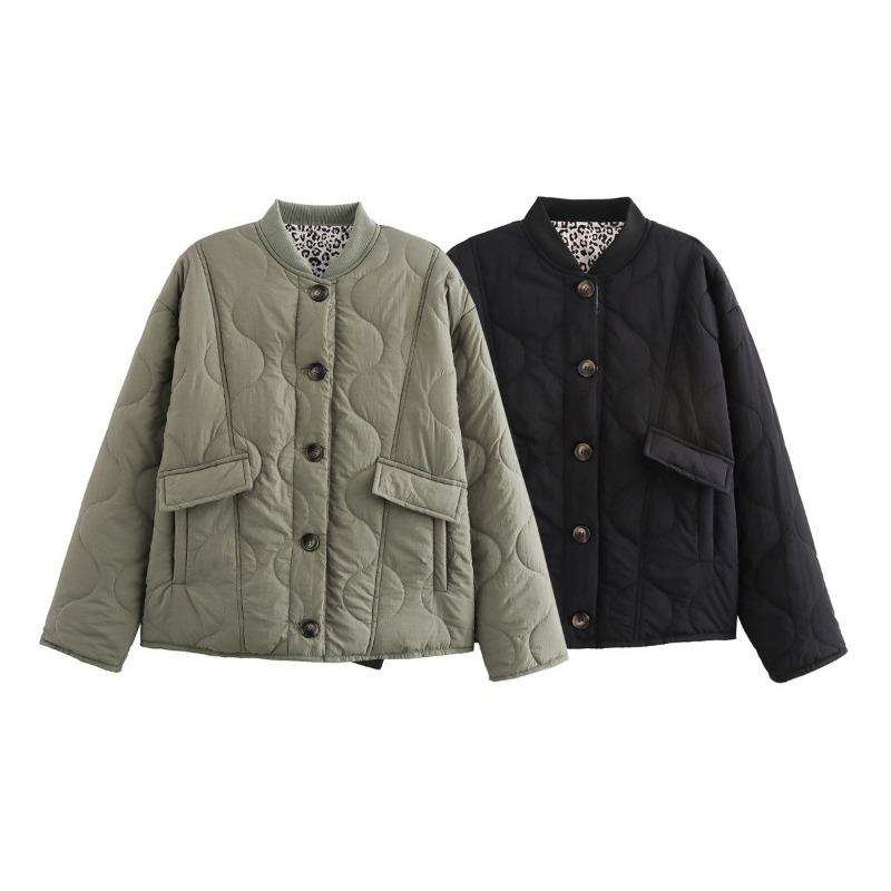 Women S Solid Round Neck Single Breasted Cotton Padded Coat