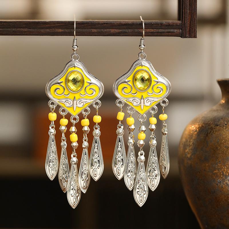Classical Royal Style Texture Leaf Tassel Earrings Fashion Ethnic Enamel Rhinestone Elegant Earrings for Women Unique Jewelry