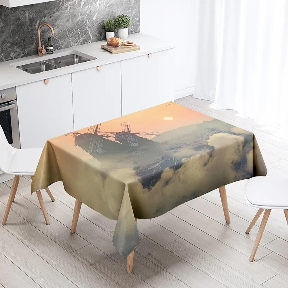 Закат, ветряная мельница, пейзаж, скатерть, вечерние, ресторан, банкетный декор, пятностойкое, водонепроницаемое украшение для домашнего стола