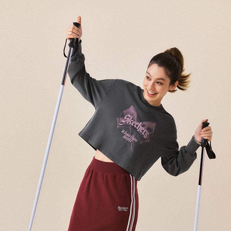Skechers Серия Sport Alliance Американский Ретро Элемент Бант Печать Логотипа Повседневный Для Поездок На Работу Удобный Короткий Пуловер Толстовка L325W065-013P