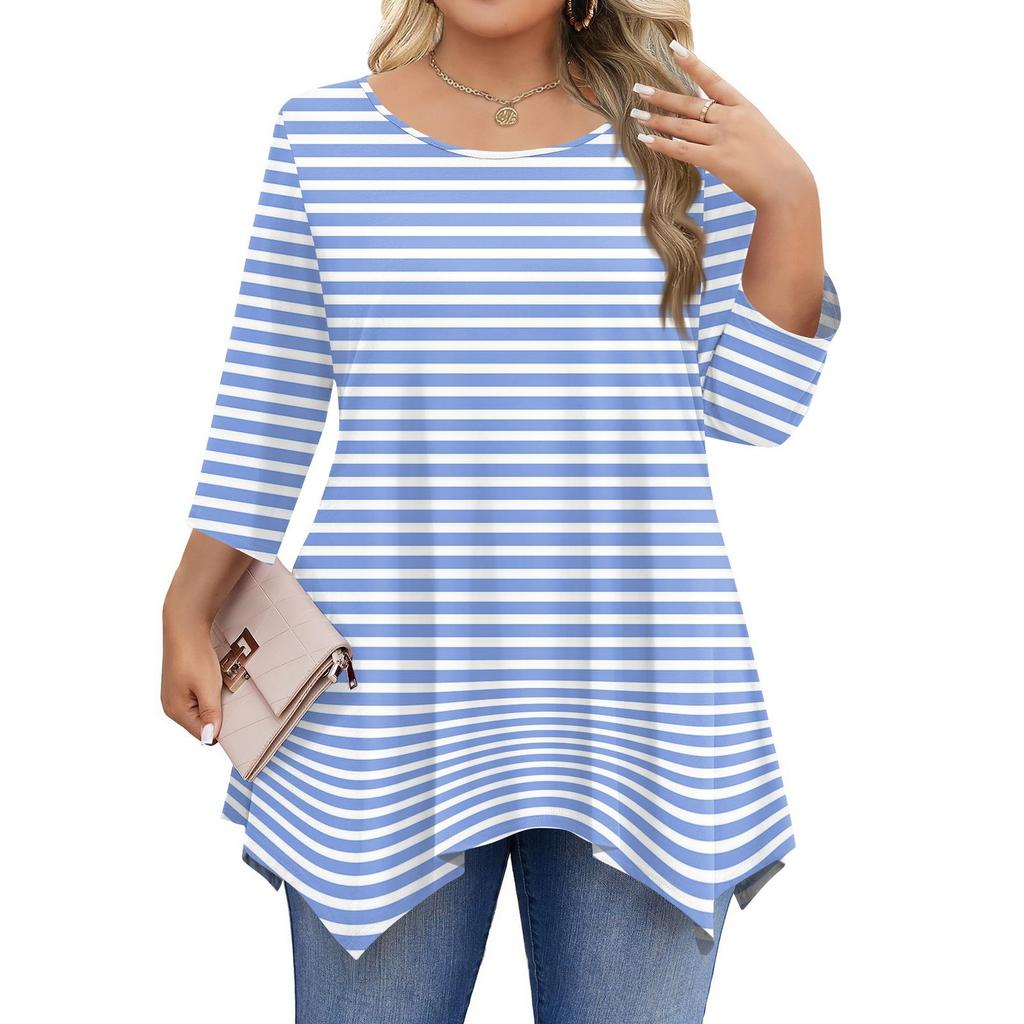 Womens Plus Size 3/4 Sleeve Shirts Round Neck Tunic Tops Basic Loose Fit Tee Tops L-5XL