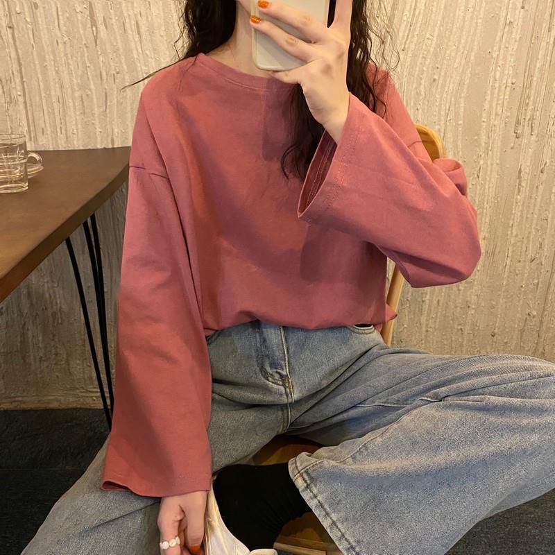 2025 Осень Женский свободный крой с длинными рукавами, однотонный, сладкий базовый топ