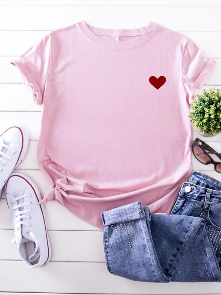 На груди маленькая красная сердечко принт футболка женская короткий рукав O-образный вырез свободная футболка летняя женская футболка топы Camisetas Mujer