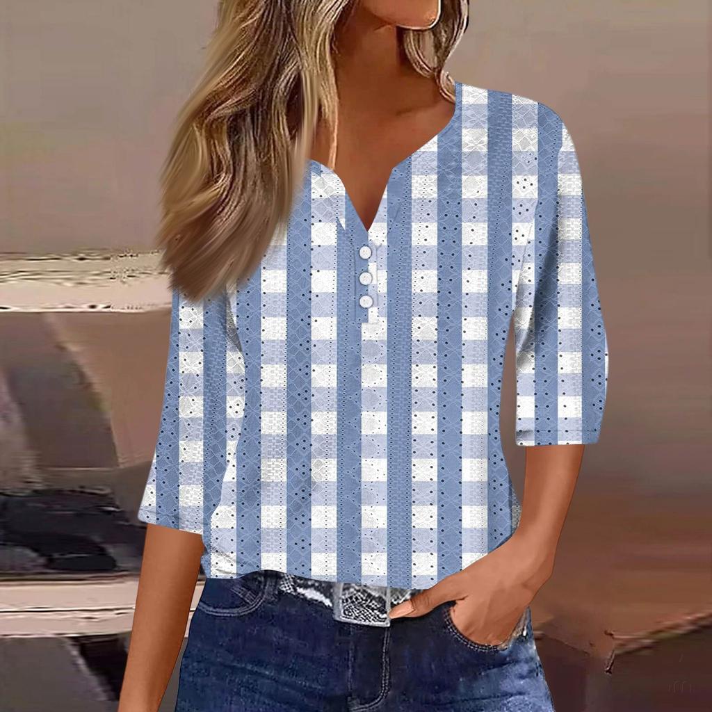 Женская модная футболка с V-образным вырезом, пуговицами, рукавами семь, повседневная полосатая клетчатая футболка с принтом