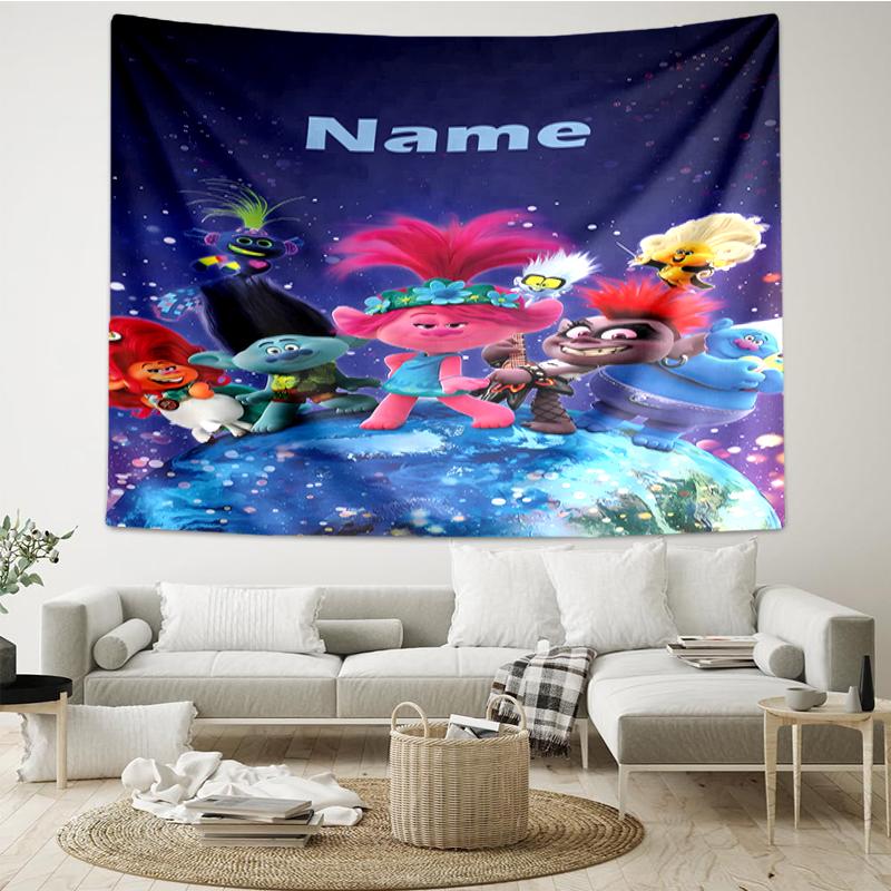 Custom Name Trolls Print Tapestry, Backdrop, Easy Setup, Ideal for Bedroom, Office & Living Room, with Aesthetic Wall Hanging Decor.
