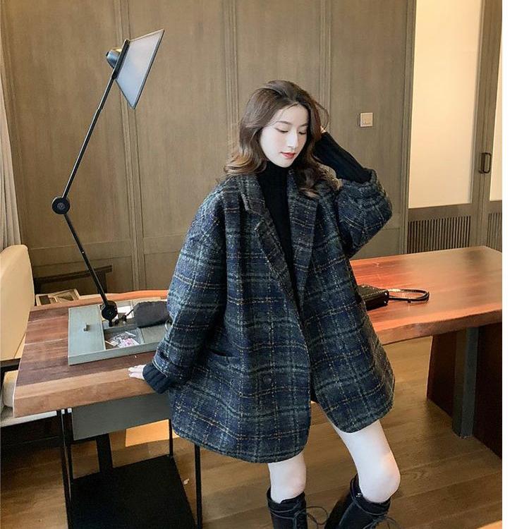 Autumn Warm Thicken Women's Vintage Woolen Plaid Coat for Winter