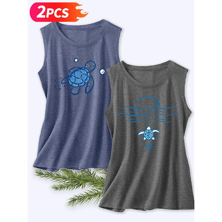 Follow a specific direction Two-piece women's vest set Hand-drawn vintage ocean turtle print Elegant Summer Party Outfits Sleeveless Vest Essential