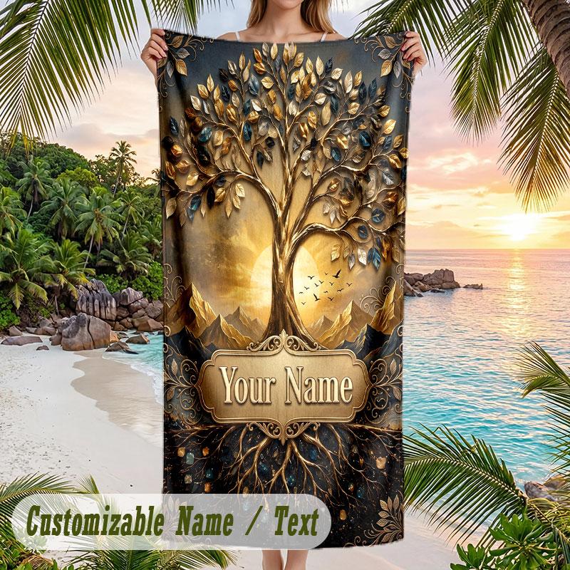 Tree Life Artwork 2 Theme Quick Dry Beach Towel Custom Name Text Print Large Sand Resistant Towel Beach Vacation