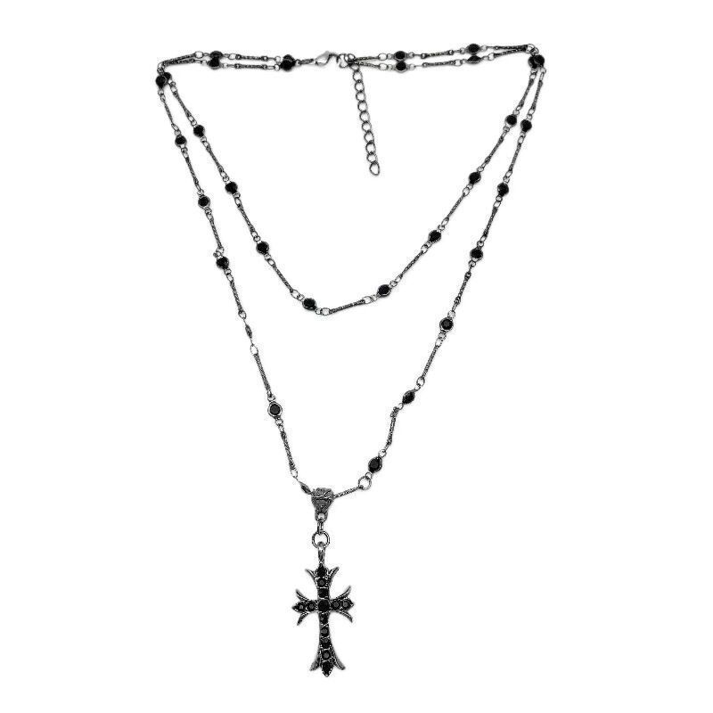 INS Cool Dark Zircon Cross Double-Layer Beaded Clavicle Chain Women Summer Long Niche Minimalist Daily Street Decorative Neck Jewelry