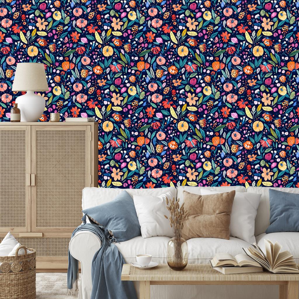 Ladybugs Wallpaper Navy Blue for Living Room and Bedroom 50x1000