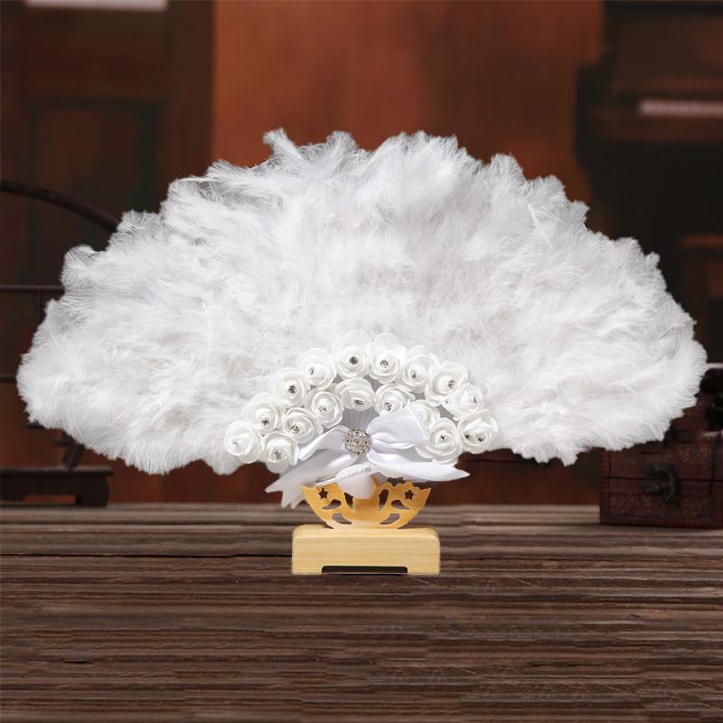 Свадебный веер с перьями, двухслойный кружевной пластиковый веер, элегантный веер с белыми перьями